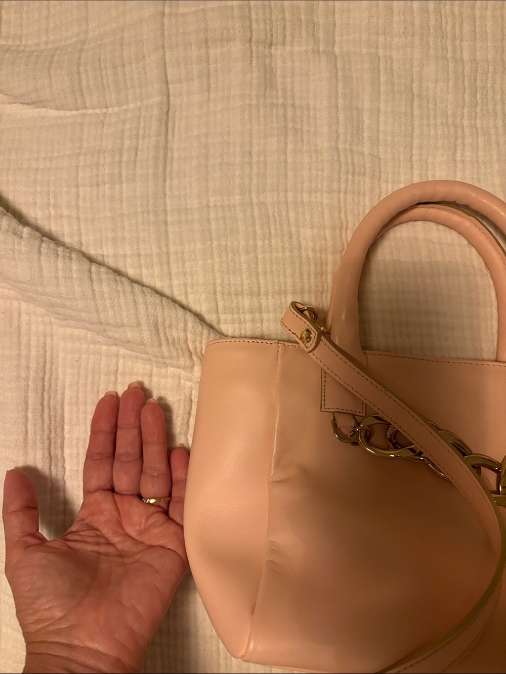 Genuine leather Pink Tote Bag with Gold Chain Accent - Picture 7 of 7